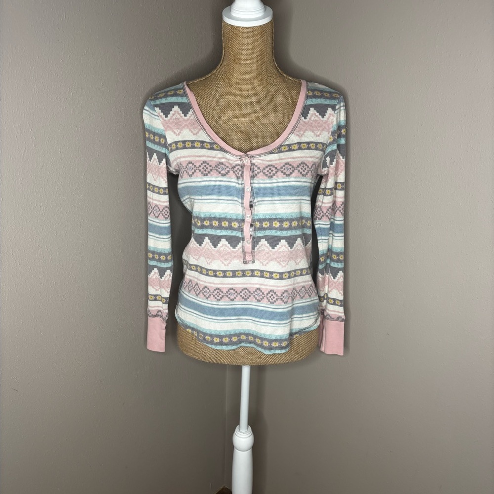 Victoria’s Secret S Cotton Printed PJ Top Pajama Sleepwear Long Sleeve Waffle